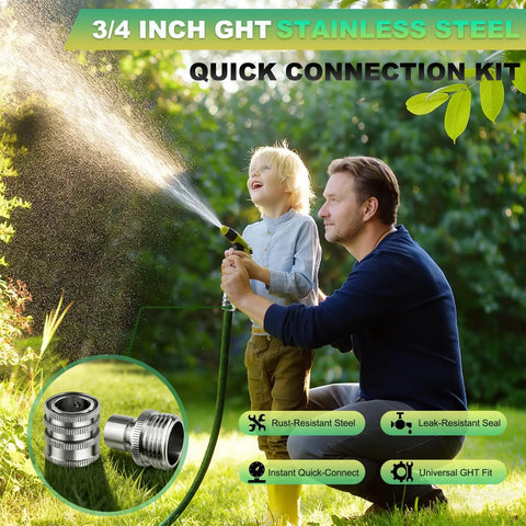 A father and child using a garden hose connected with a Stainless Steel Garden Hose Quick Connect Fittings Set No Fuss Three Quarter Inch GHT Quick Connectors For Hoses And Sprayers Water Hose Quick Release Connectors Rust Resistant Five Piece.