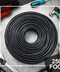 Coiled solid sprinkler system wire 18 gauge irrigation cable with UV resistant PVC jacket, 250 foot roll on workbench.