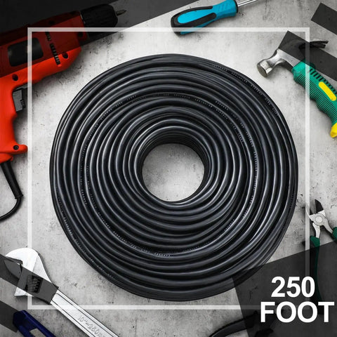 Coiled solid sprinkler system wire 18 gauge irrigation cable with UV resistant PVC jacket, 250 foot roll on workbench.