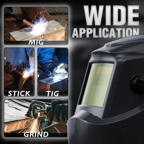 Auto Darkening Welding Helmet With Blue Light Blocking True Color Lens, Solar Powered Hood, showcases MIG, STICK, TIG, GRIND uses