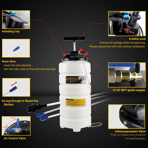 Diagram showing the Big 15L Pneumatic And Manual Oil Extractor Pump for Cars, Boats, and Lawn Mowers with labeled parts and features.