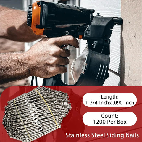 Stainless Steel Ring Shank Siding Nails 1-3/4-Inch X.090-Inch in nail gun, ideal for board siding or fencing, rust resistant fasteners