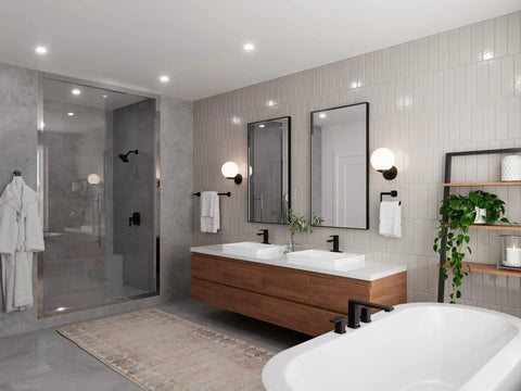 Modern bathroom interior featuring Deckard Matte Black Shower Faucet Set With Dope Multi Function Showerhead Square Modern Design