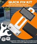 2 Pack Square Sliding Gate Opener Magnets for Magnetic Limit Switches with wrench and mounting bracket, showing installation tools.