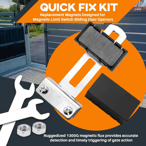 2 Pack Square Sliding Gate Opener Magnets for Magnetic Limit Switches with wrench and mounting bracket, showing installation tools.