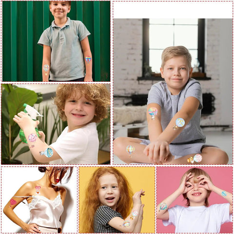 Children wearing Hot Air Balloon Temporary Tattoos Set With 200 Plus Stickers On 8 Sheets For Party Decor And Prizes Ideal for Kids