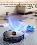 Robot Vacuum And Mop Combo With 10000Pa Suction, LiDAR Smart Mapping, 160 Minute Run Time, 90 Day Self Emptying Dock shown navigates obstacles on hardwood floor