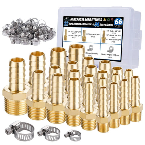 Brass Hose Fittings Kit With Barbs And NPT Adapters For Air And Fluid Lines, includes 22 adapters and 44 clamps, complete set for DIY use.
