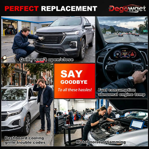 Top Rated Active Grille Shutter Motor And Front Aero Actuator Replacement Fits Chevy Equinox Tahoe Traverse And GMC Models Plug And Go Fix Boosts Engine Cooling And Gas Mileage showing installation issues and solutions.