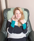 Woman using Recliner Neck Pillow With Pocket For Side Sleepers, Headrest Cushion For Neck Pain Relief, Green, on chair.