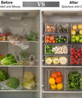 Before and after comparison of fridge with Crystal Clear Stackable Storage Drawers 9.51 Quart Large Plastic Organizer Bins