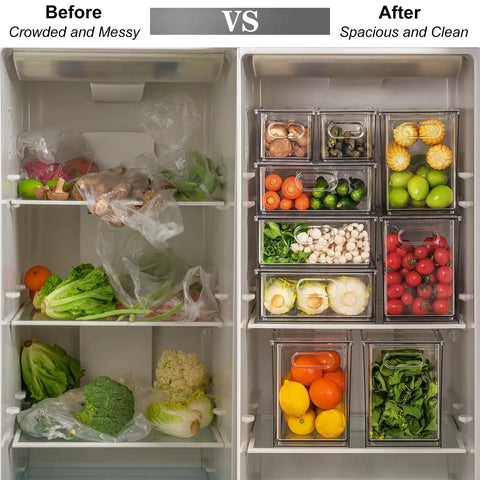 Before and after comparison of fridge with Crystal Clear Stackable Storage Drawers 9.51 Quart Large Plastic Organizer Bins