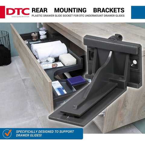 2 Pack Heavy Duty Rear Mounting Brackets For Undermount Drawer Glides Plastic Grey Backplates Adjustable Fit For Drawer Slides Supports 12 Inch 15 Inch 18 Inch And 21 Inch Lengths Socket Style Mounting System, installed in cabinet drawer