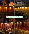 Plus Size Solar Fence Lights 8 Pack With Warm White And RGB Color Changing Outdoor Waterproof Pathway Accent Lamps 100 Lumen 8 Colors 4 Modes Ideal For Backyard Patio Deck Fence lighting up fences in a backyard.