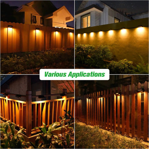 Plus Size Solar Fence Lights 8 Pack With Warm White And RGB Color Changing Outdoor Waterproof Pathway Accent Lamps 100 Lumen 8 Colors 4 Modes Ideal For Backyard Patio Deck Fence lighting up fences in a backyard.