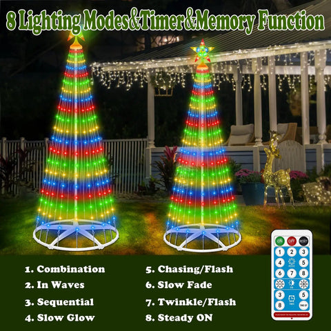 Colorful LED Christmas light tree with remote control, featuring 8 lighting modes, outside a decorated house at night.