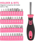Pink 52 Piece Hand Tool Set With Easy Carry Round Pouch For DIY Home Repairs And Everyday Projects Durable Beginner And Weekend Warrior Home Improvement Kit, showing screwdriver bits and holder.