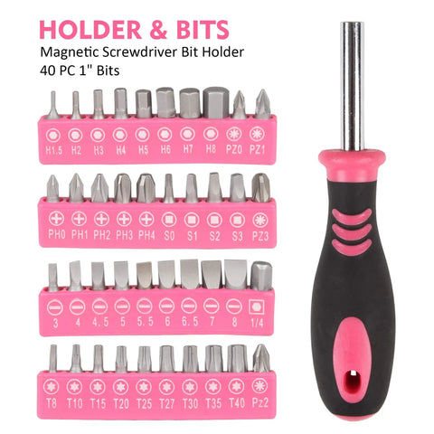 Pink 52 Piece Hand Tool Set With Easy Carry Round Pouch For DIY Home Repairs And Everyday Projects Durable Beginner And Weekend Warrior Home Improvement Kit, showing screwdriver bits and holder.