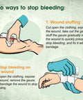 Illustration showing two methods to stop bleeding using gauze. Method one: wound stuffing; method two: wrap with gauze.