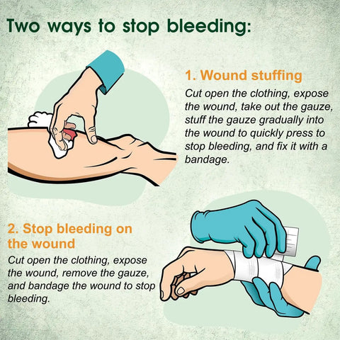 Illustration showing two methods to stop bleeding using gauze. Method one: wound stuffing; method two: wrap with gauze.