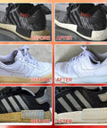 Before and after images showing the effect of 2 Pack White Shoe Polish Marker For Midsoles And Stains on sneakers.