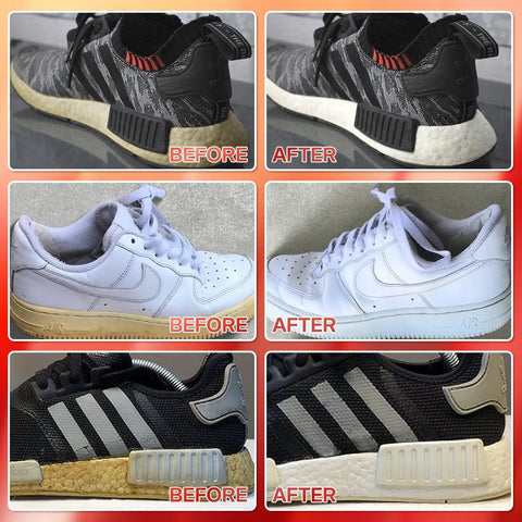 Before and after images showing the effect of 2 Pack White Shoe Polish Marker For Midsoles And Stains on sneakers.