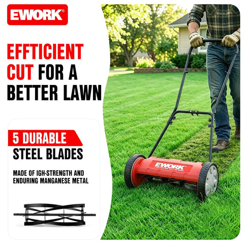 Push Reel Lawn Mower With 23 Inch Cutting Width And 5 Blade Cutting System For Quiet No Gas Lawn Care On Regularly Mowed Lawns With Soft Grass Under 2 To 4 Inches Easy To Maneuver And Low Maintenance, red EWORK mower on lawn