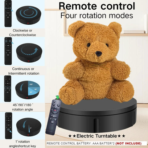 JAYEGT Motorized Rotating Display Stand With Remote Control And 5 Color Backgrounds, Electric Turntable showcasing a teddy bear.