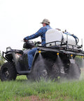 ATV spraying field using Quick Detach Sprayer Nozzle Caps With Gaskets 2 Pack For All Flat Fan Nozzles Leakproof Quick Attach Fit Up To 300 Psi