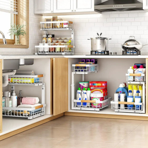 Image of Super Sturdy Two Tier Under Sink Organizer With Adjustable C Shape Base And Smooth Pull Out Rollers in kitchen cabinet.