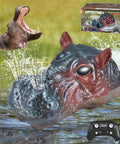 Dope 2.4G Remote Control Boat With Twin Propellers Water Spray Feature and package, remote control, and real hippo image