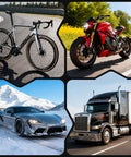 Collage of a racing bike, red motorcycle, sports car in snow, and black semi-truck on highway.
