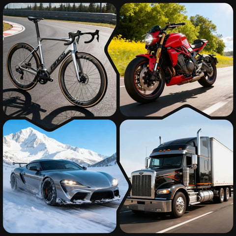 Collage of a racing bike, red motorcycle, sports car in snow, and black semi-truck on highway.