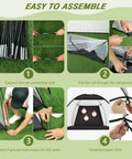 Assembly steps for the 10x7Ft Golf Practice Net With Swing Mat For Backyard Driving And Indoor Training, shown in four stages.