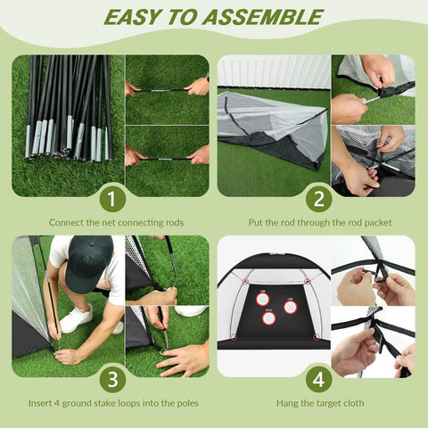 Assembly steps for the 10x7Ft Golf Practice Net With Swing Mat For Backyard Driving And Indoor Training, shown in four stages.