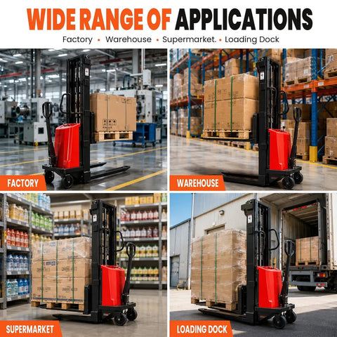Full Electric Pallet Stacker Boasting 94 Inch Lifting Height For Busy Warehouses With 1.6 KW Motor And 3500 Lb Heavy Duty Capacity in factory, warehouse, supermarket, loading dock.