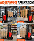 Robust 1.6Kw Electric Pallet Stacker With Smooth Motor For Heavy Lifting Up To 3500 Lbs And Durable Carbon Steel Frame in warehouse setting.