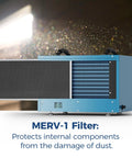 Heavy Duty 113 Pint Commercial Dehumidifier For Crawl Spaces And Basements Kicks Out Stubborn Moisture Fast Covers Up To 1200 Square Feet with MERV-1 filter visible.
