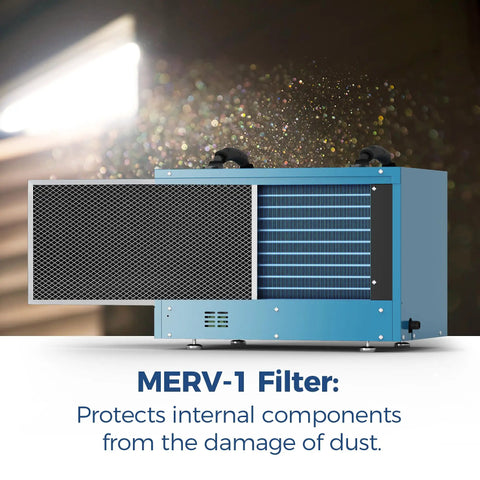 Heavy Duty 113 Pint Commercial Dehumidifier For Crawl Spaces And Basements Kicks Out Stubborn Moisture Fast Covers Up To 1200 Square Feet with MERV-1 filter visible.