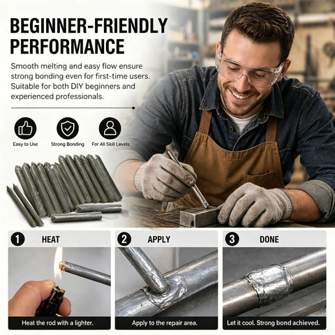 Man using Low Temp Welding Rods Kit For DIY Fixes Flux Core Aluminum Brazing Rods That Melt Easy With A Lighter, step-by-step overview
