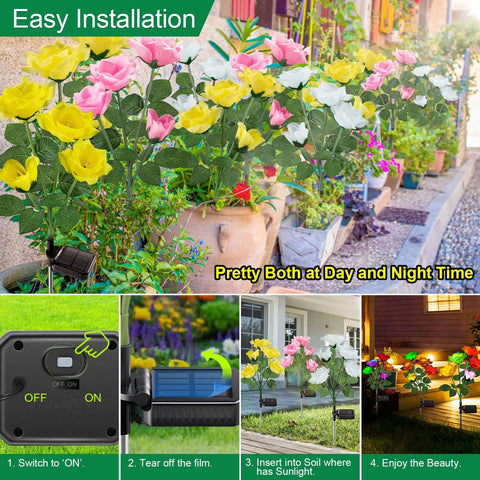 Rose Shaped Solar Lights Outdoor Waterproof 2026 Upgrade With Realistic Silk Petals, 7 Color Changing Garden Lights for Pathway