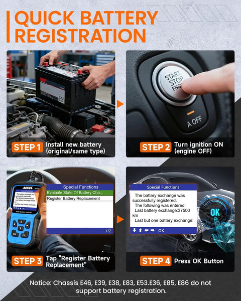 Steps for BMW battery registration using Pro Grade BMW And Mini OBD2 Scanner For All In One Full System Diagnostics displayed.