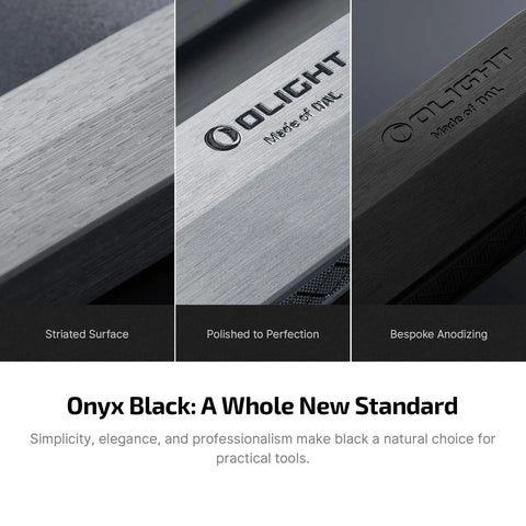 Close-up of ArkPro Ultra EDC Flat Flashlight Onyx Black finish showing striated, polished, and anodizing textures.