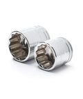 Close-up of two smooth chrome-plated sockets from 176 Piece Socket Set With 1/4 3/8 And 1/2 Inch Drives 12 Point Standard And Deep SAE And Metric Sockets Off Corner Loading Keeps Rounding Down Chamfered Openings Help Fasteners Snap In Smooth Chrome Plated For Real World Tough Built To Last