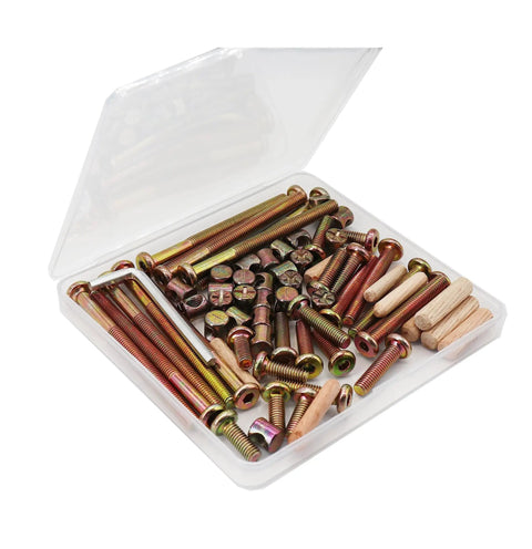 Heavy Duty Crib Hardware Replacement Kit M6 Barrel Nuts And Hex Socket Bolts With Wood Dowel Pins 70 Piece Set in clear box