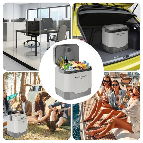 Heavy Duty 35 QT Portable Electric Cooler And Warmer For Cars Trucks And Homes 12V 110V Thermoelectric Fridge Box With Power Cord Gray on a picnic.