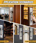Top Shelf 12 Inch Corrosion Resistant Stainless Steel Door Pull Handle And Push Plate Rounded Safety Edges For Home Entrance Or Business Lobby in various door settings.