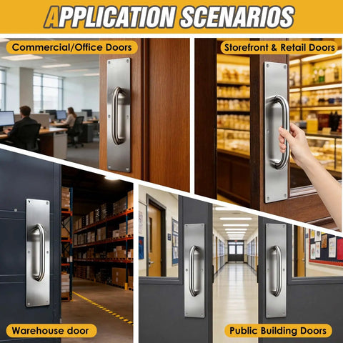 Top Shelf 12 Inch Corrosion Resistant Stainless Steel Door Pull Handle And Push Plate Rounded Safety Edges For Home Entrance Or Business Lobby in various door settings.