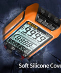 Versatile Digital Multimeter with Auto Ranging and TRMS 9999 Counts, featuring soft silicone cover, displayed at angle.