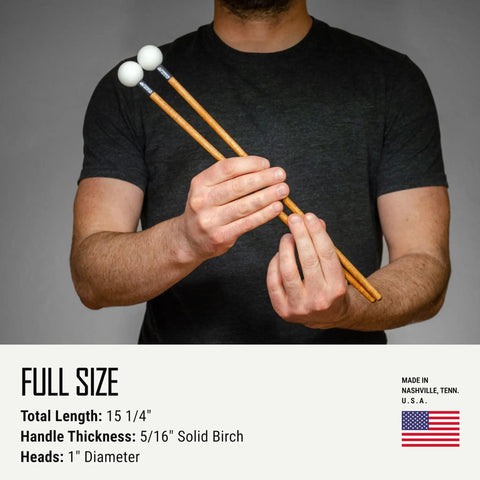 Xylophone And Bell Mallets Kit For Percussionists, American Made In Nashville, shown held with wood tips and birch handles